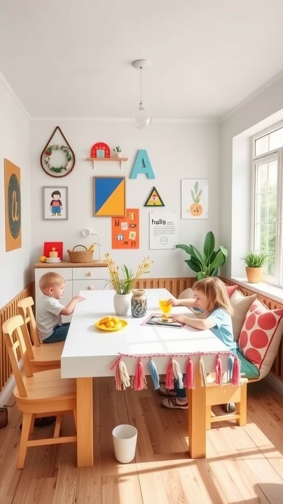 A bright and cheerful corner dining nook featuring children with playful decor and colorful cushions.