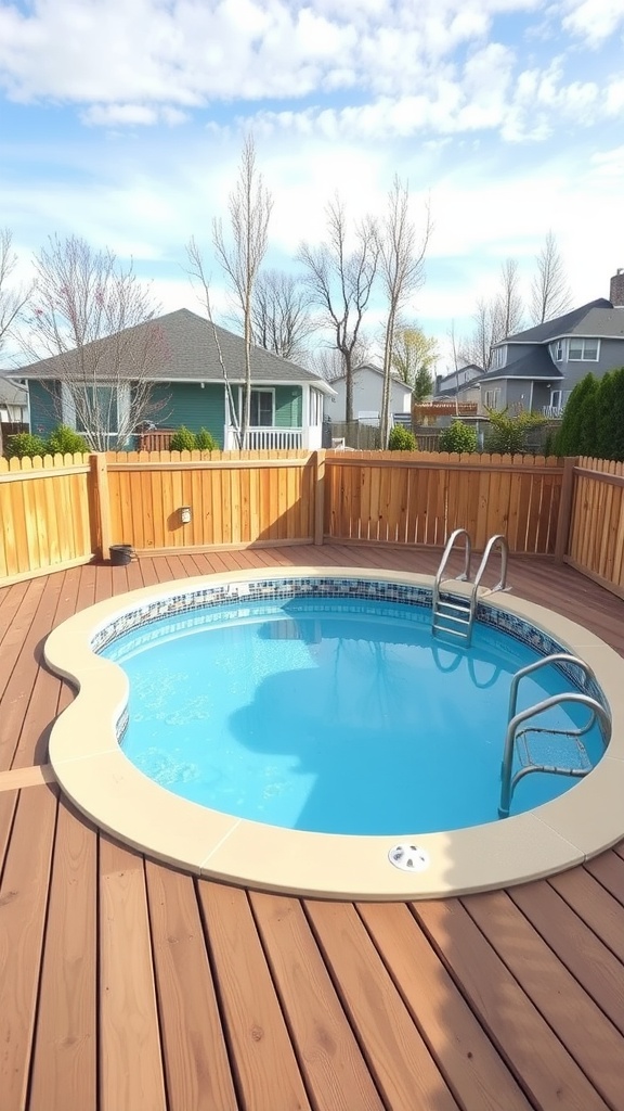 A round above-ground pool surrounded by a wooden deck with safety railings and easy access stairs.