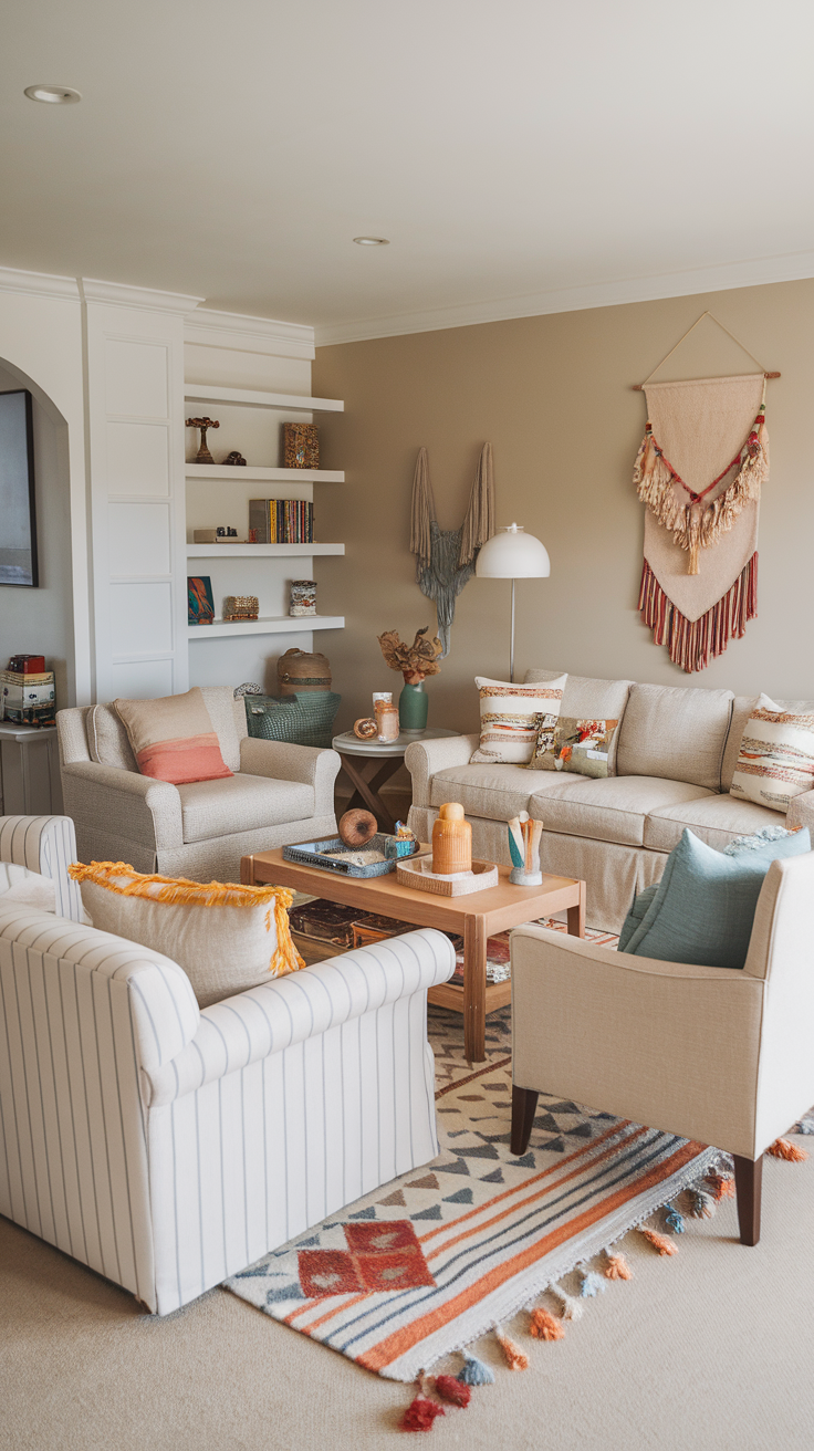 Cozy living room with comfortable seating, decorative pillows, and a warm color palette.