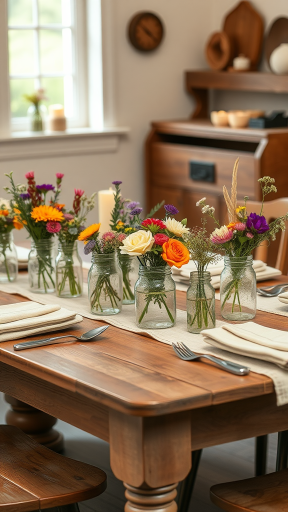 A rustic farmhouse dining table set with jars of flowers and simple tableware.