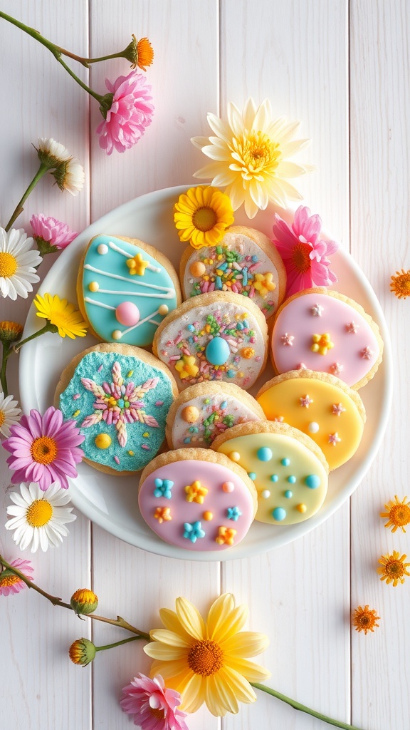 A plate of colorful Easter egg sprinkle cookies surrounded by flowers.