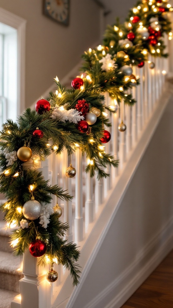 A beautifully decorated garland on a staircase railing with red, gold, and silver ornaments.