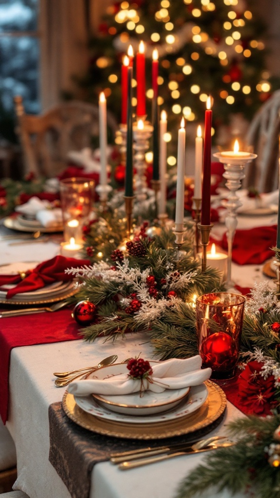 A beautifully arranged festive table setting featuring red and green linens, candles, and holiday decorations.