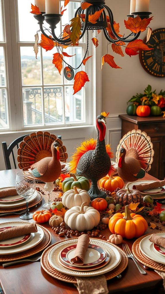 A beautifully set dining table with Thanksgiving decorations including pumpkins, turkeys, and autumn leaves.