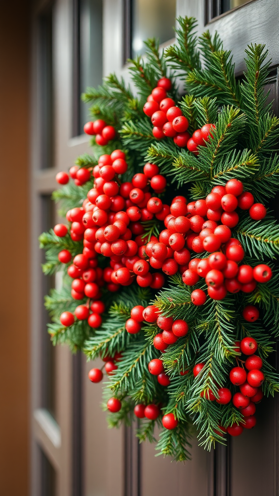 A festive wreath with red berries and green foliage hanging on a brown door.