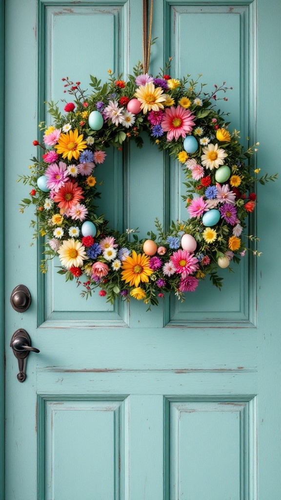 A colorful floral wreath with daisies and Easter eggs hanging on a turquoise door.