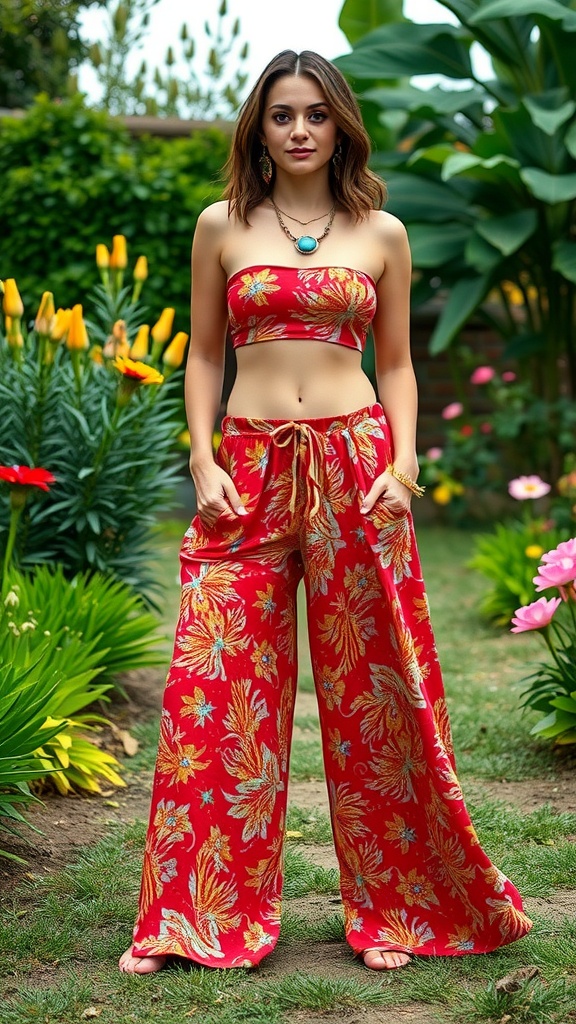 A woman in flowy palazzo pants with a bandeau top, standing in a garden filled with colorful flowers.