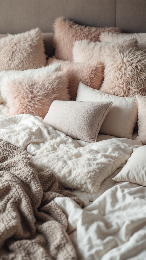 A cozy bed filled with fluffy cushions and pillows in soft shades