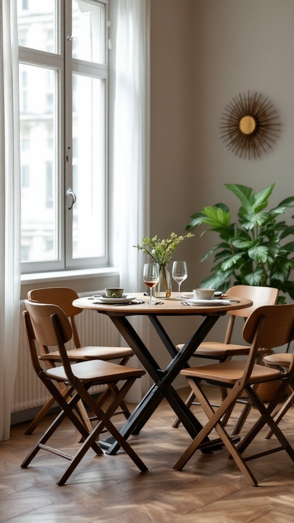 A cozy dining setup featuring a round folding table and wooden chairs by a window.