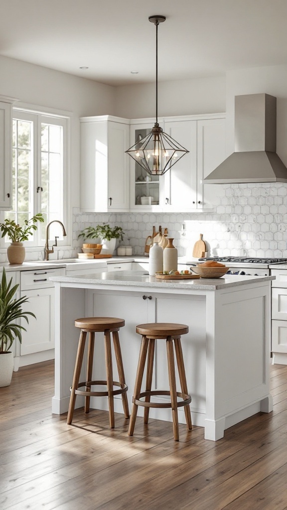 A modern kitchen with a folding island and wooden stools.