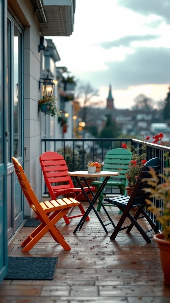 A colorful arrangement of four folding patio chairs and a small table on a balcony, with a view of a town in the background.