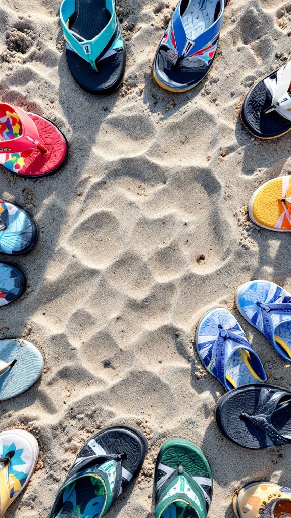 Colorful flip-flops arranged in a circle on sandy beach