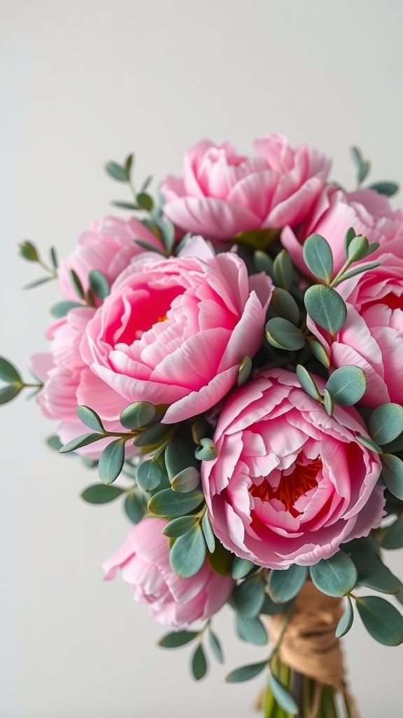 A bouquet featuring pink peonies and eucalyptus leaves.
