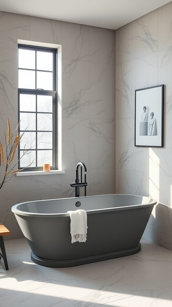 Freestanding grey bathtub in a modern bathroom setting with large window and stylish decor.