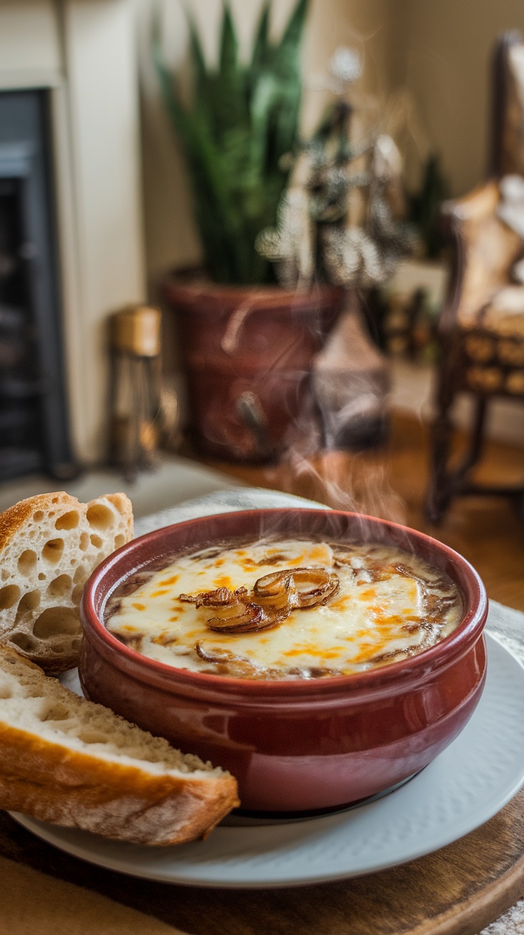 A warm bowl of French onion soup topped with melted cheese and served with crusty bread.