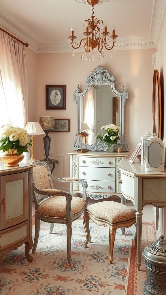 A vintage dressing room with a pink color scheme, featuring an ornate mirror, chandelier, and elegant furniture.