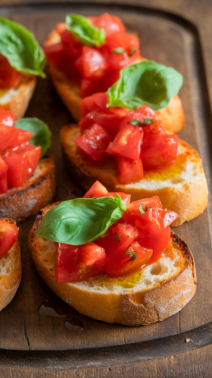 Fresh bruschetta topped with diced tomatoes and basil on toasted bread slices.