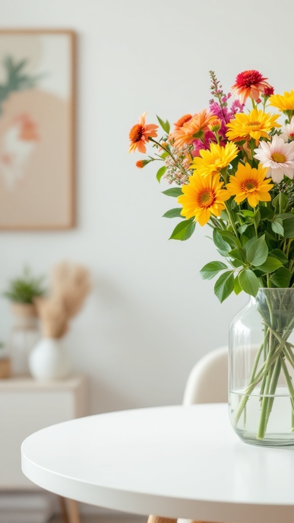 A vibrant bouquet of flowers in a glass vase on a white table