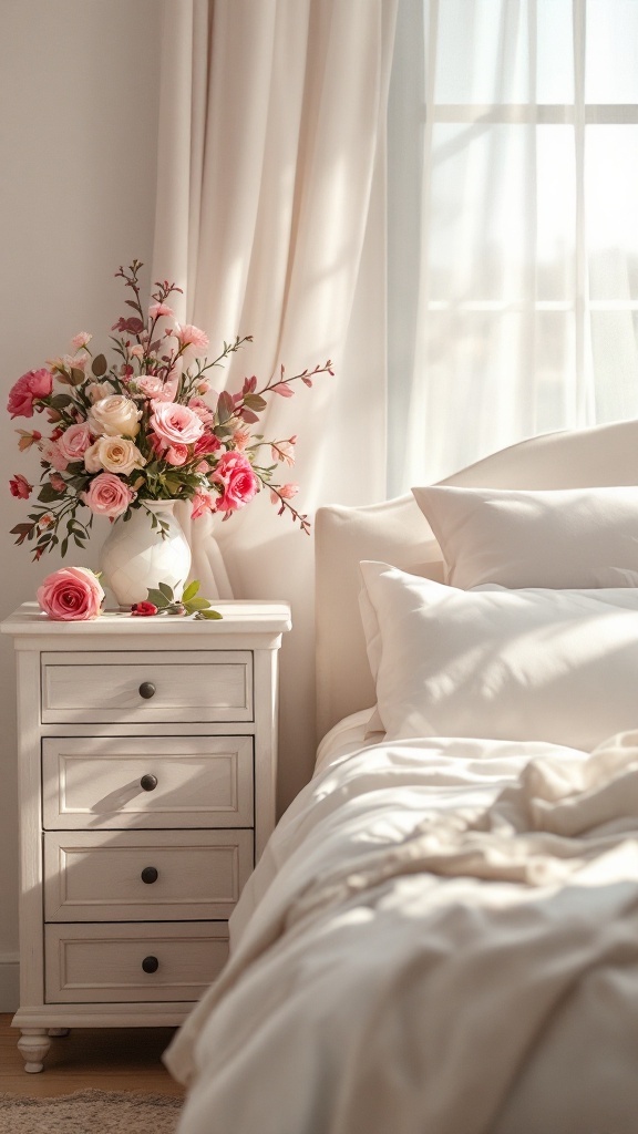 A cozy bedroom with a fresh flower arrangement of pink and cream roses on a nightstand.
