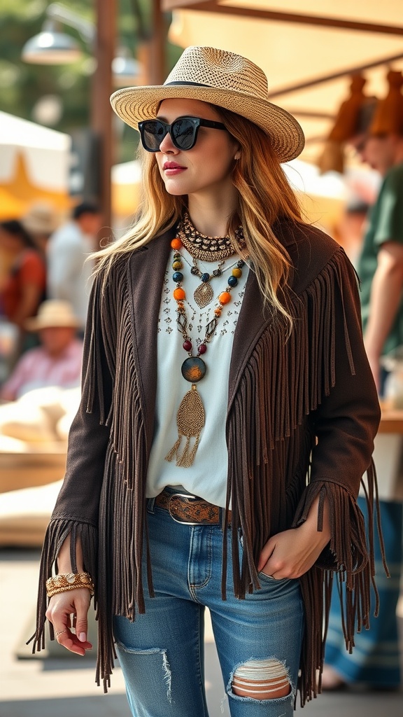 A stylish woman wearing a fringe jacket with boho accessories, including layered necklaces and a straw hat, standing outdoors.