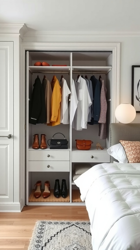 Organized closet with hanging clothes and shoes in a tiny bedroom