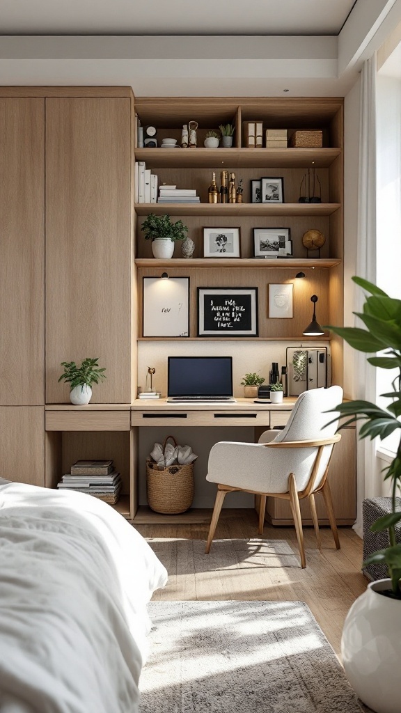 A cozy home office nook in a bedroom featuring a wooden desk, chair, and shelves with plants and decor.