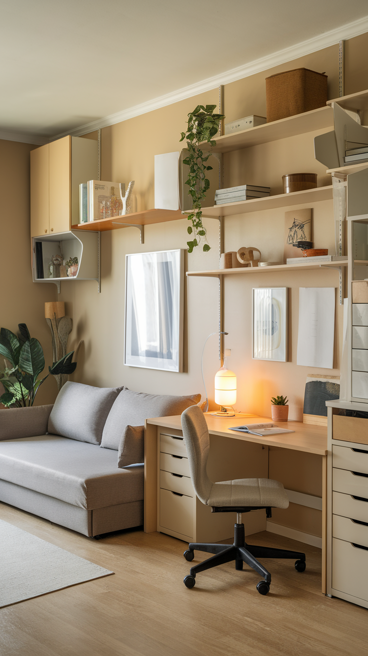 A multi-purpose living space featuring a cozy sofa and a functional workspace with a desk and shelves.