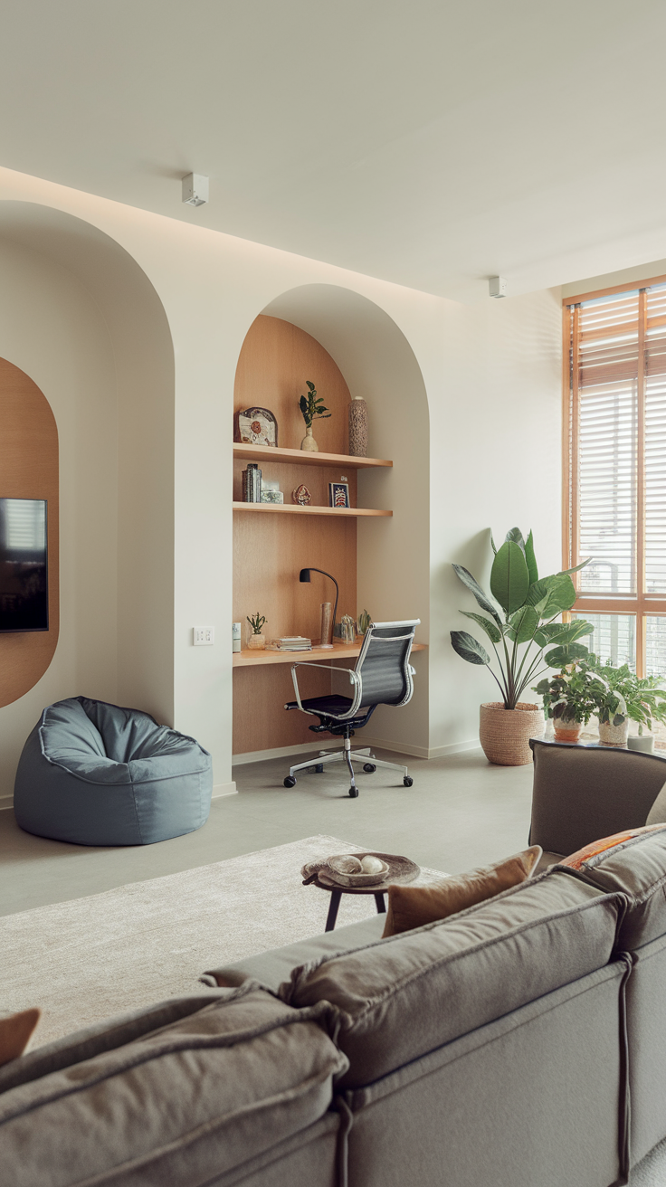 A cozy multi-purpose space with a desk, bean bag, and plants.