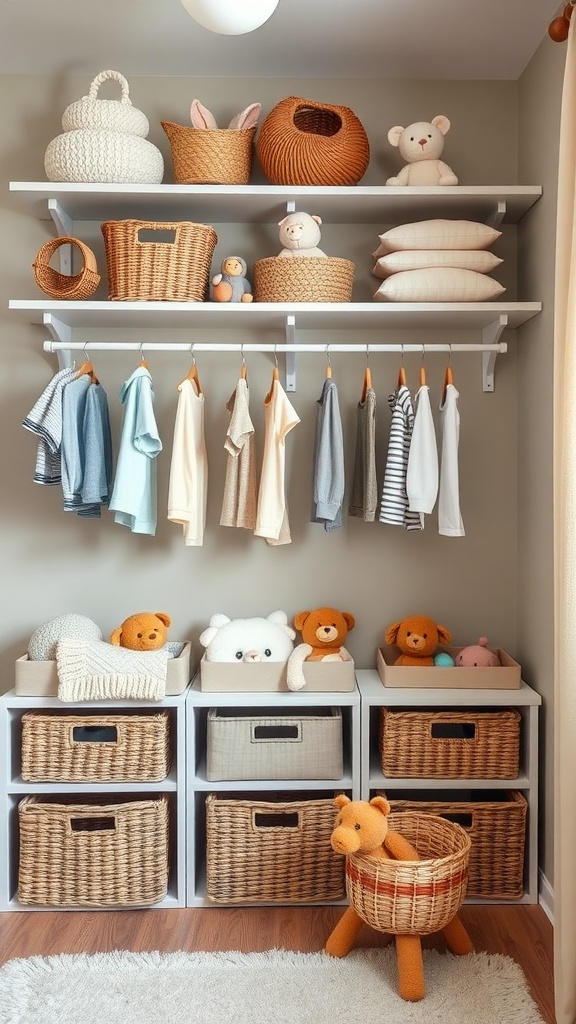 A nursery room featuring functional storage solutions with baskets, shelves, and organized clothes.