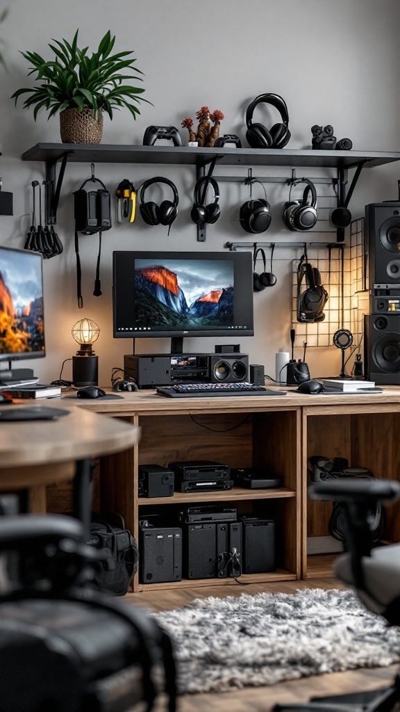 A modern gaming room with organized storage solutions for gear and accessories