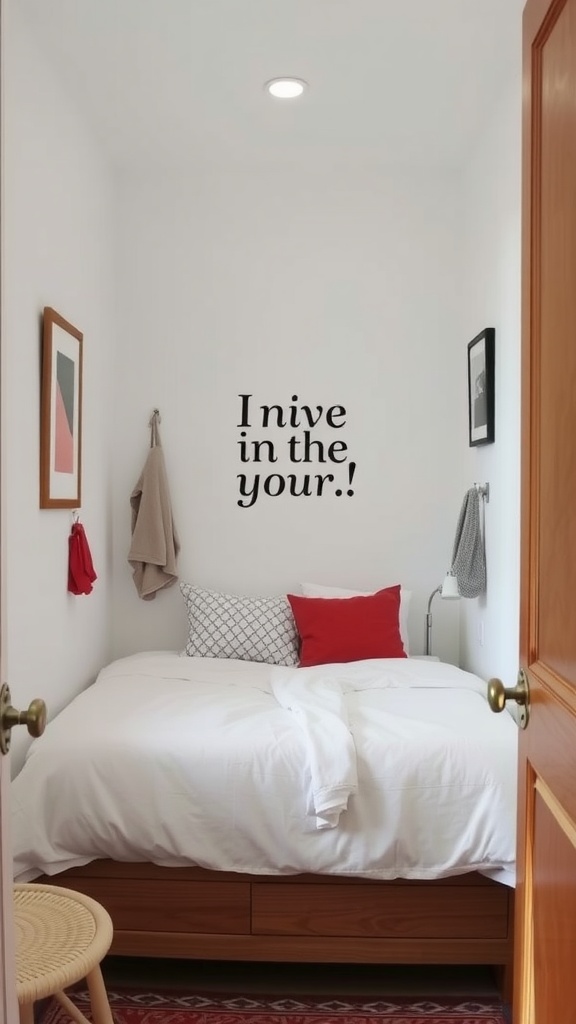 A cozy tiny bedroom with minimalist decor and wall art.