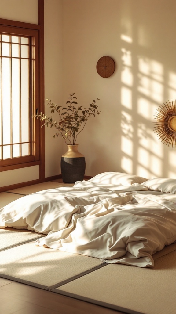 A cozy bedroom featuring a futon on tatami mats, with natural light and decorative elements.