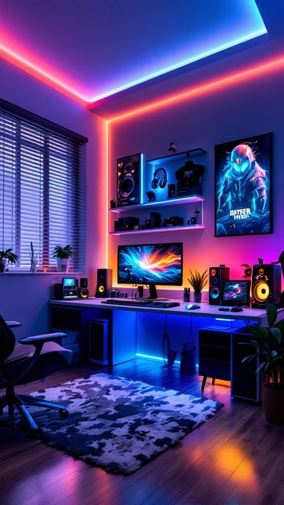 A stylish gaming room featuring LED lights, a large monitor, speakers, and a comfortable gaming chair.