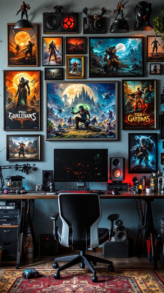 A colorful and dynamic gaming wall display featuring framed artwork and collectibles.