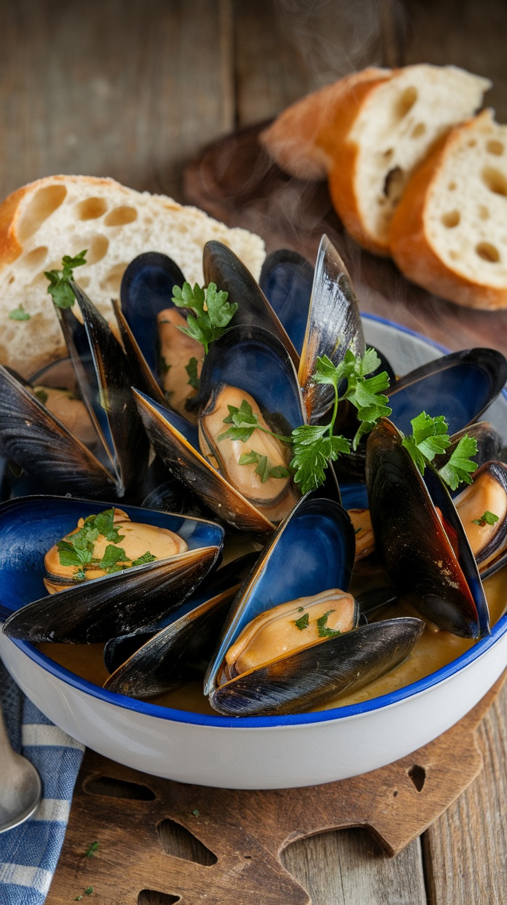 A bowl of garlic butter mussels garnished with parsley, alongside slices of bread.