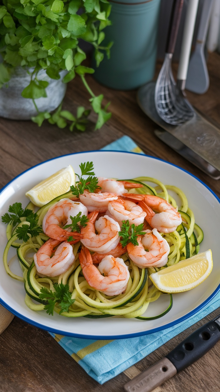 A plate of garlic butter shrimp on zucchini noodles, garnished with lemon and parsley.