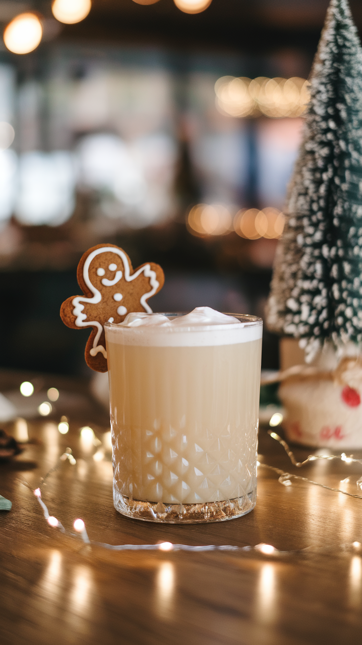 A Gingerbread White Russian cocktail with a gingerbread cookie garnish, festive lights in the background.