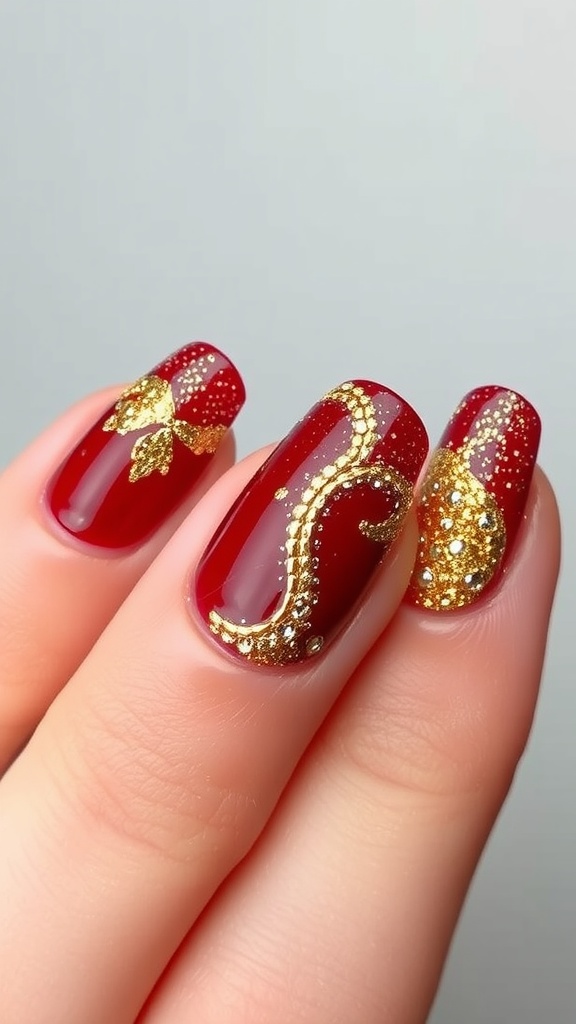 Red nails with glittering gold accents and designs