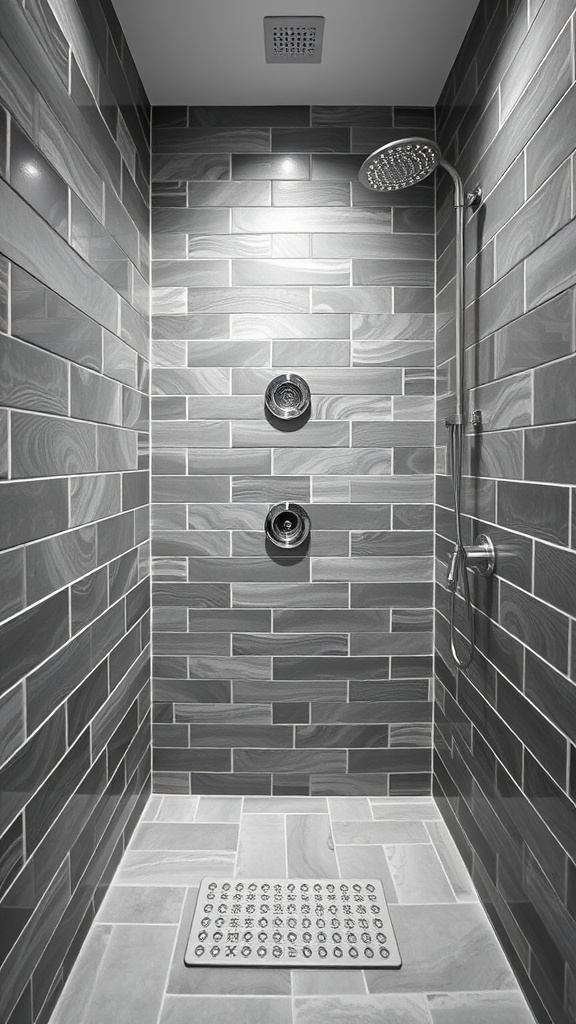 A modern shower featuring glossy grey tiles on the walls and floor.