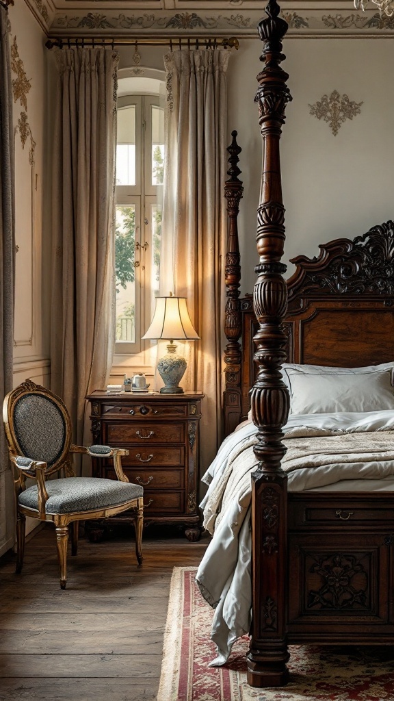A gothic-inspired bedroom featuring a four-poster bed, ornate nightstand, and an elegant chair.