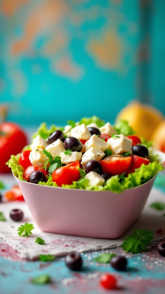 A colorful bowl of Greek salad with feta, featuring tomatoes, olives, cucumbers, and fresh herbs.