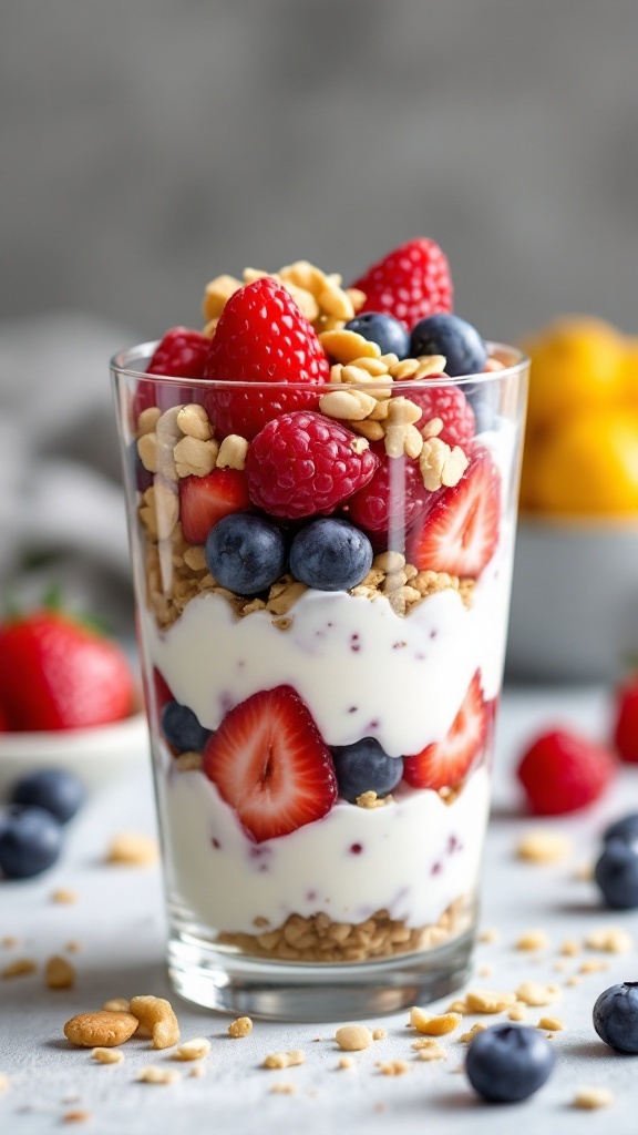 A delicious Greek yogurt parfait layered with fresh berries and crunchy nuts in a clear glass.