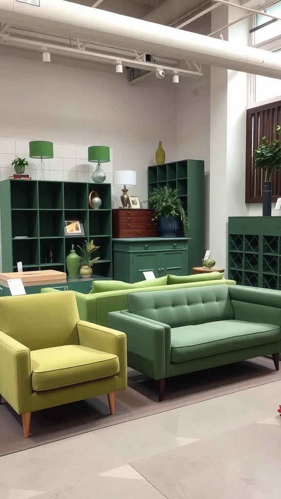 Modern living space featuring green accent furniture and decor