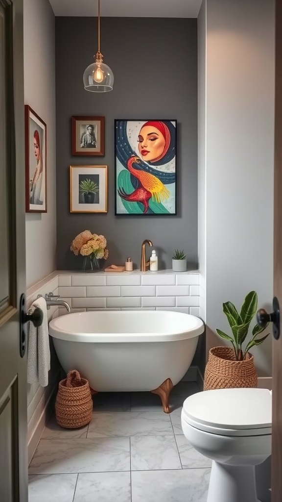 A stylish bathroom featuring a grey accent wall adorned with colorful artwork.