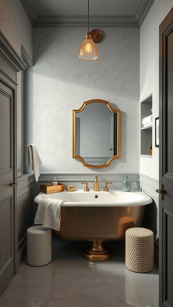 Bathroom featuring grey walls and gold accents with a bathtub and decorative elements.