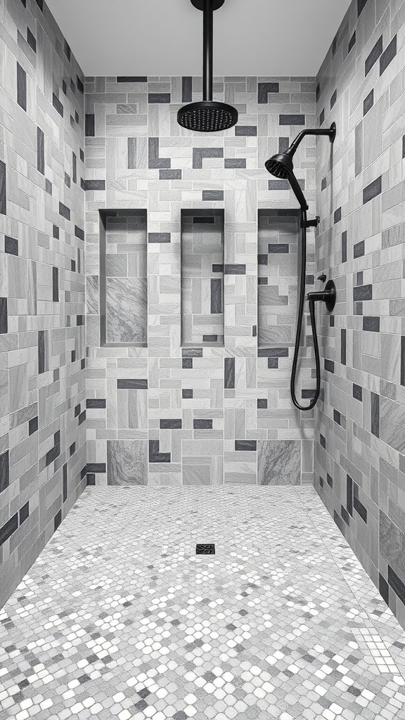 A modern bathroom with grey mosaic tiles on the walls and floor.