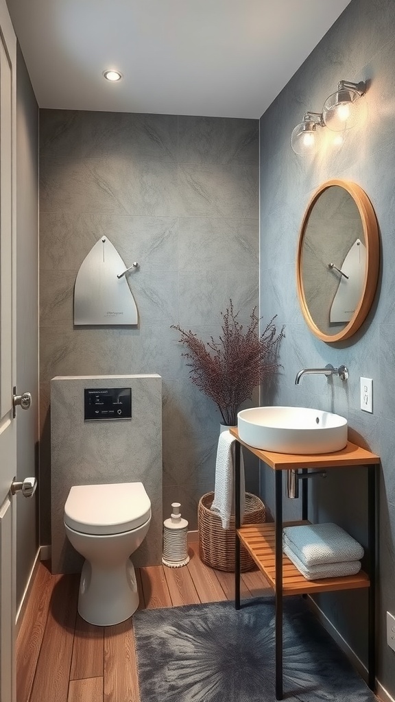 A stylish bathroom featuring grey walls, wooden accents, and modern fixtures.