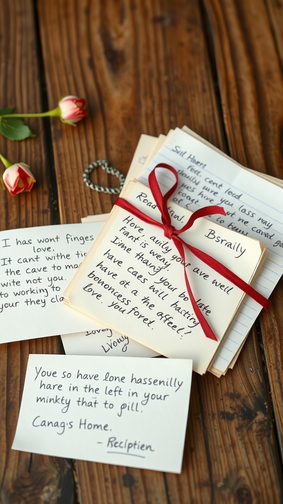 A collection of handwritten love letters tied together with a red ribbon, surrounded by roses on a wooden table.