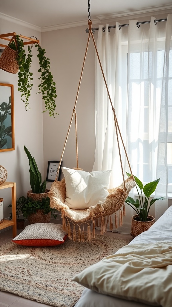 A cozy hanging chair in a boho bedroom, surrounded by plants and soft decor