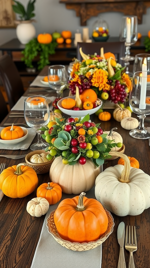 A beautifully arranged table with pumpkins and floral decorations for a fall harvest.